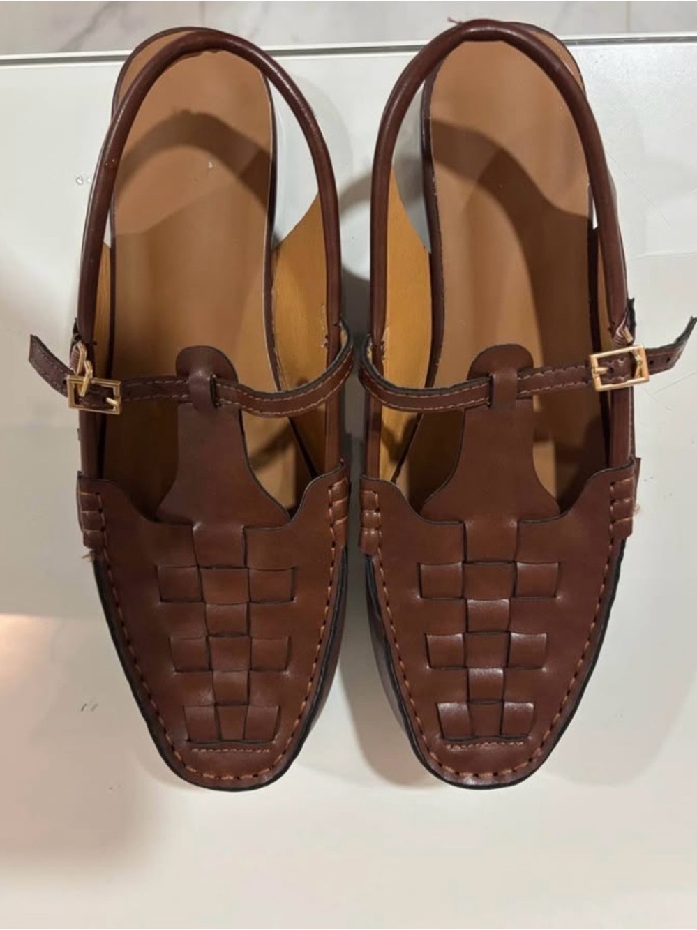 Woven Leather Slingback Flats in Brown